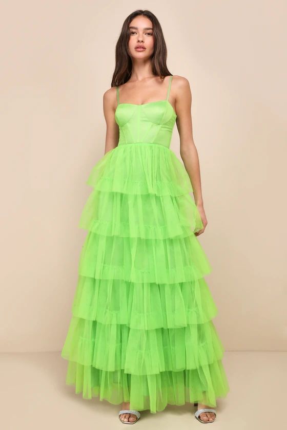 Rule the Runway Lime Green Tulle Bustier Tiered Maxi Dress | Lulus
