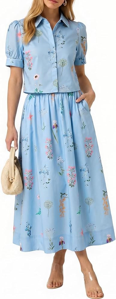 Tankaneo Womens 2 Piece Floral Skirt Sets Puff Sleeve Blouse and Elastic Waist Matching Set Vacat... | Amazon (US)