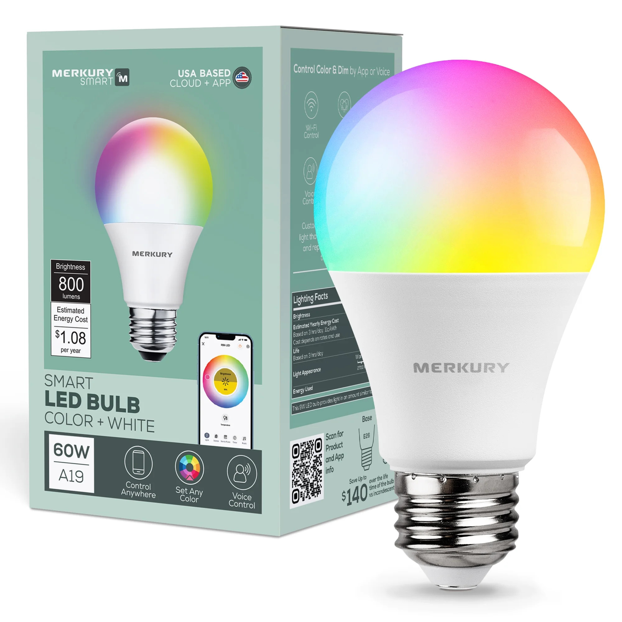 Merkury Smart Color Bulb, 9W (60Watt Eqv), A19/E26, RGBW Dimmable Smart Light (1 Pack) | Walmart (US)