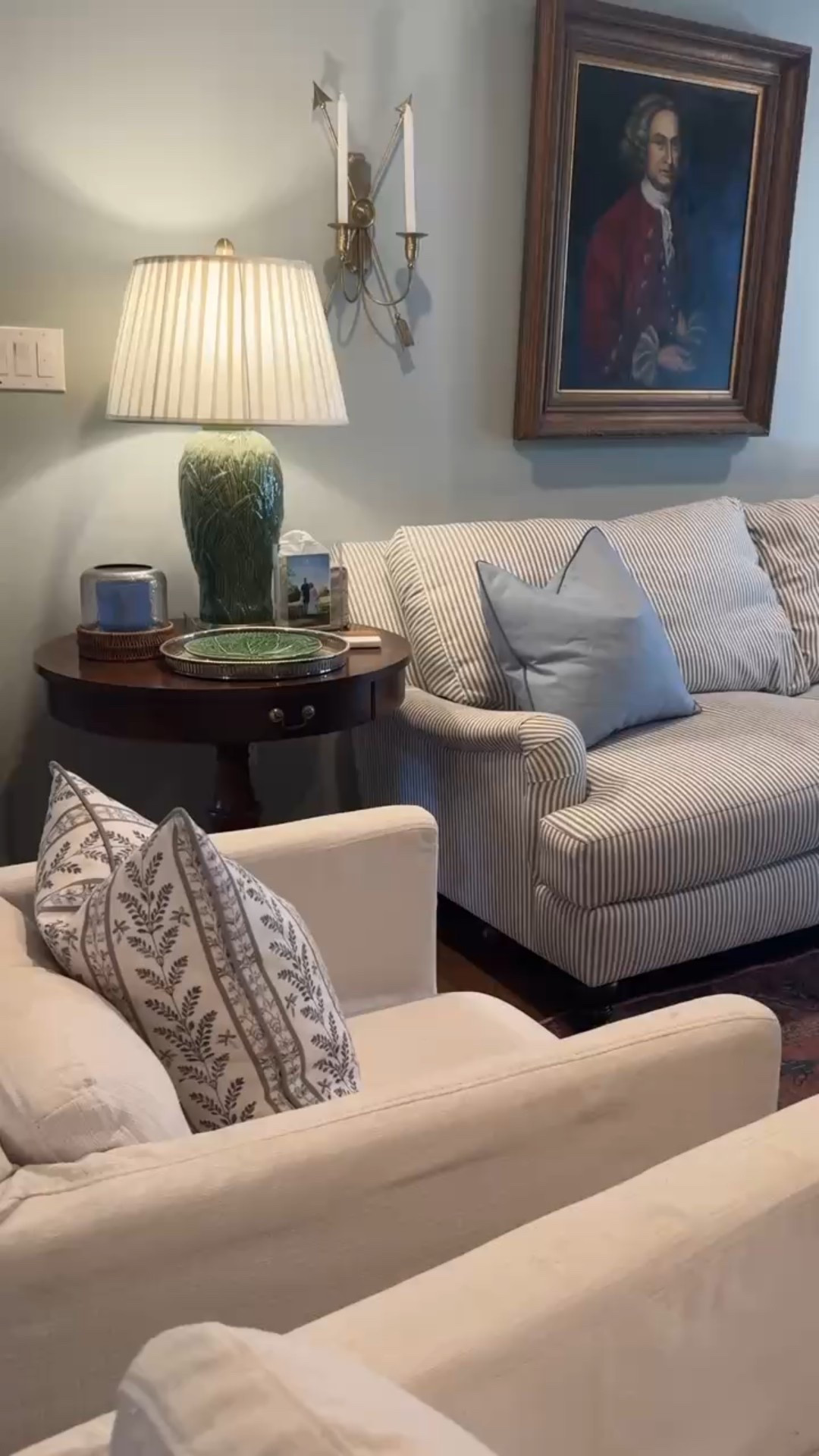 This striped couch is one of our favorites in Mike’s Den! Oushak look rug, kid friendly den, Grandmillennial home, coastal home, coastal colonial inspiration 

#LTKHome #LTKStyleTip