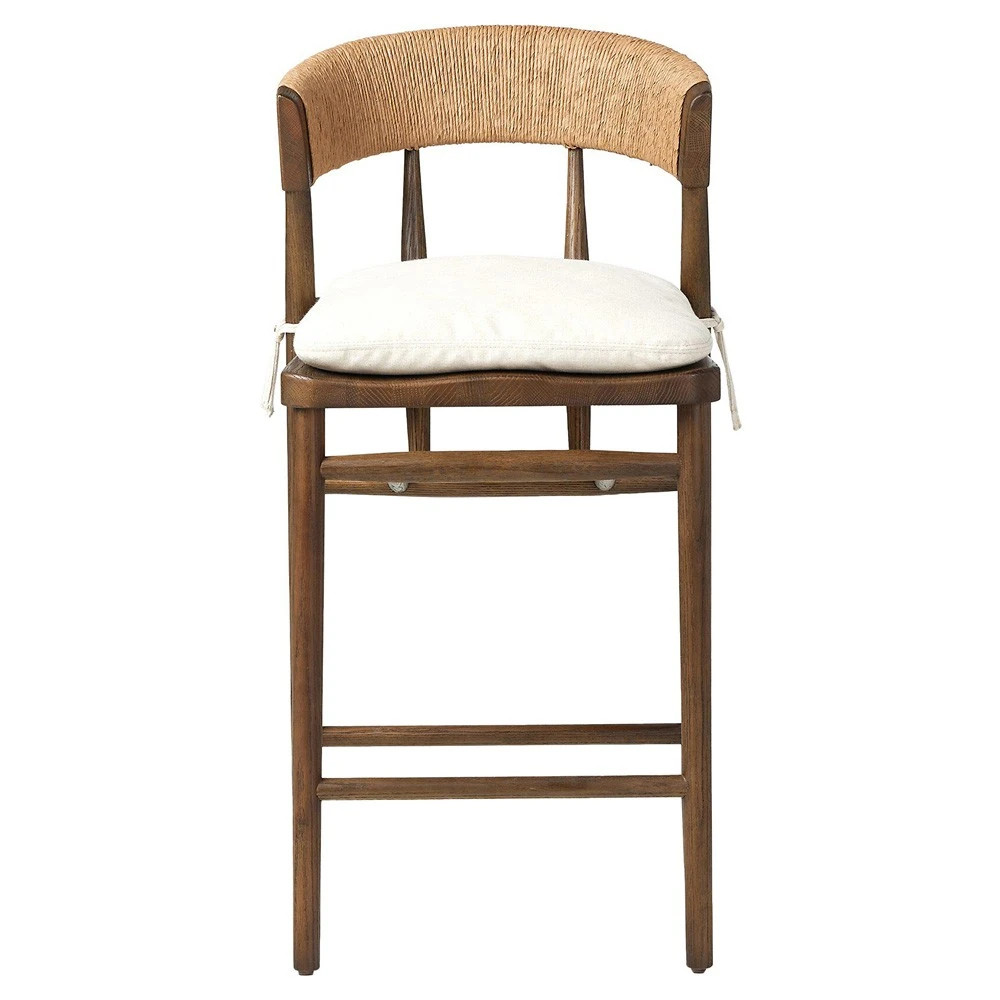Tanner Updated Traditional Cream Performance Brown Oak Wood Woven Counter Stool | Kathy Kuo Home