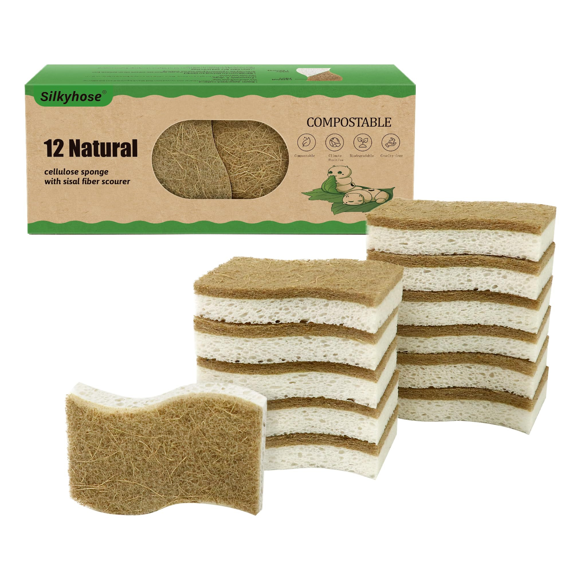 12 Pack Non Scratch S-Shaped Natural Kitchen Sponges - Biodegradable & Compostable Cellulose with... | Amazon (US)
