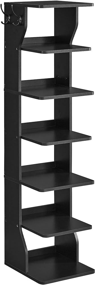 VASAGLE 7 Tier Vertical Shoe Rack, Narrow Shoe Storage Organizer with Hooks, Slim Wooden Corner S... | Amazon (US)