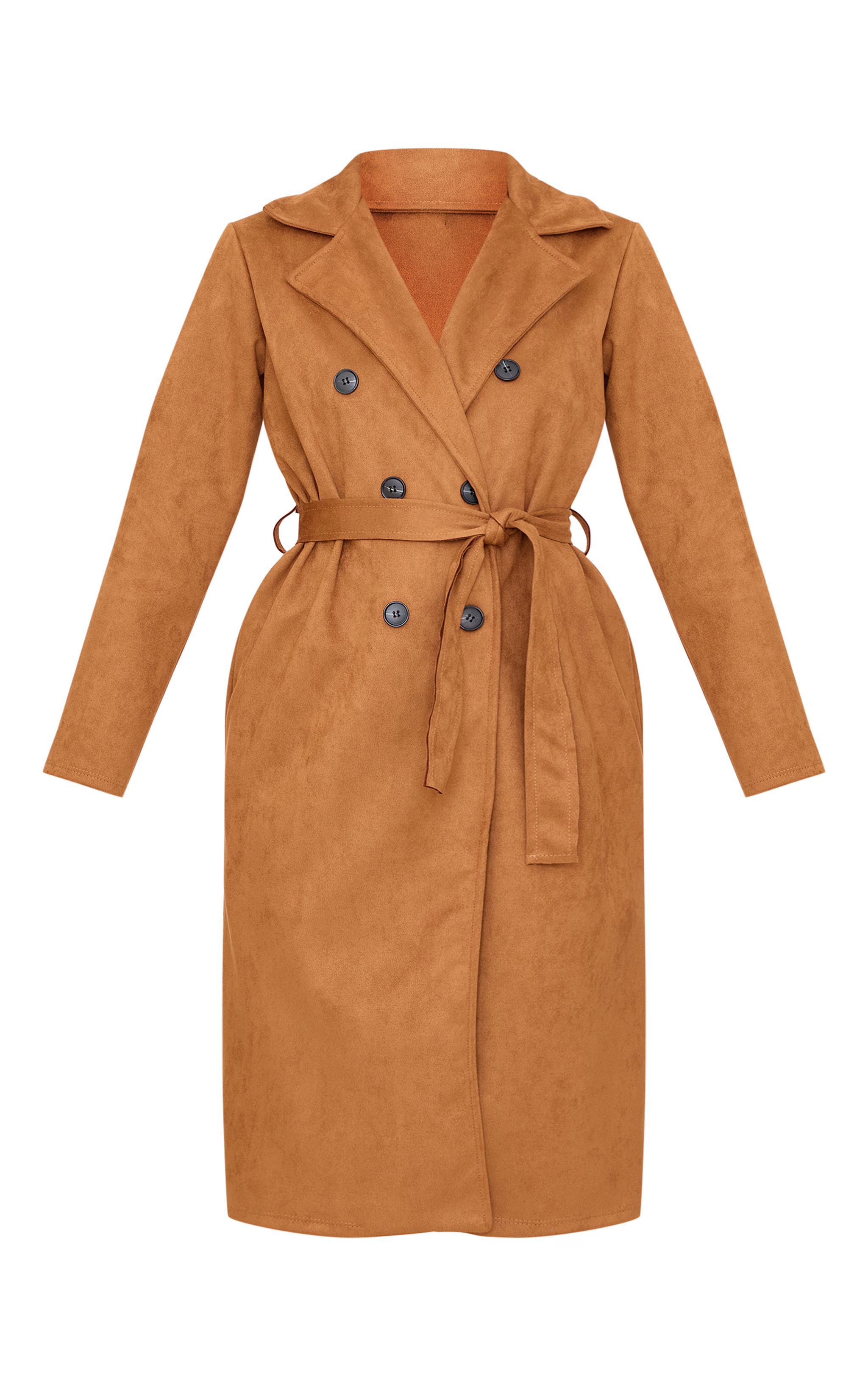 Camel Faux Suede Trench Coat | Outerwear | PrettyLittleThing US