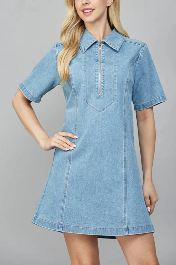 Zoey Half Zip front A-Line Denim Dress | MTT Collective