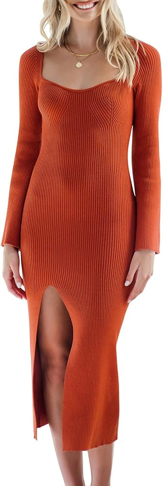 Women's 2023 Fall Bell Long Sleeve Sweetheart Neck Slim Fit Ribbed Knit Side Slit Bodycon Midi Sw... | Amazon (US)