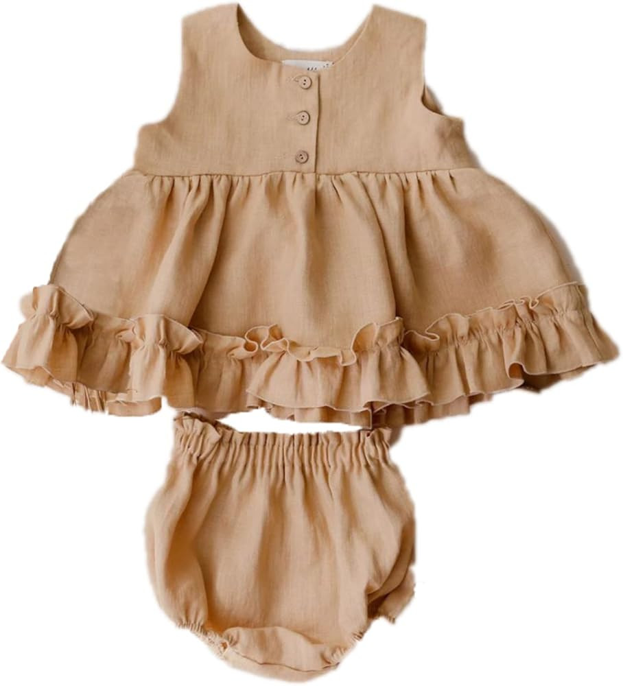 Baby Girls Linen Ruffles Dress Shirt Blouse Shorts Clothing Sets Toddler Vest Tops Bloomer 2pcs O... | Amazon (US)
