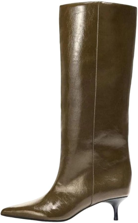 Women’s Winter Khaki Knee High Boots Leather Pointed Toe Kitten Heel Stylish Long Boots | Amazon (US)