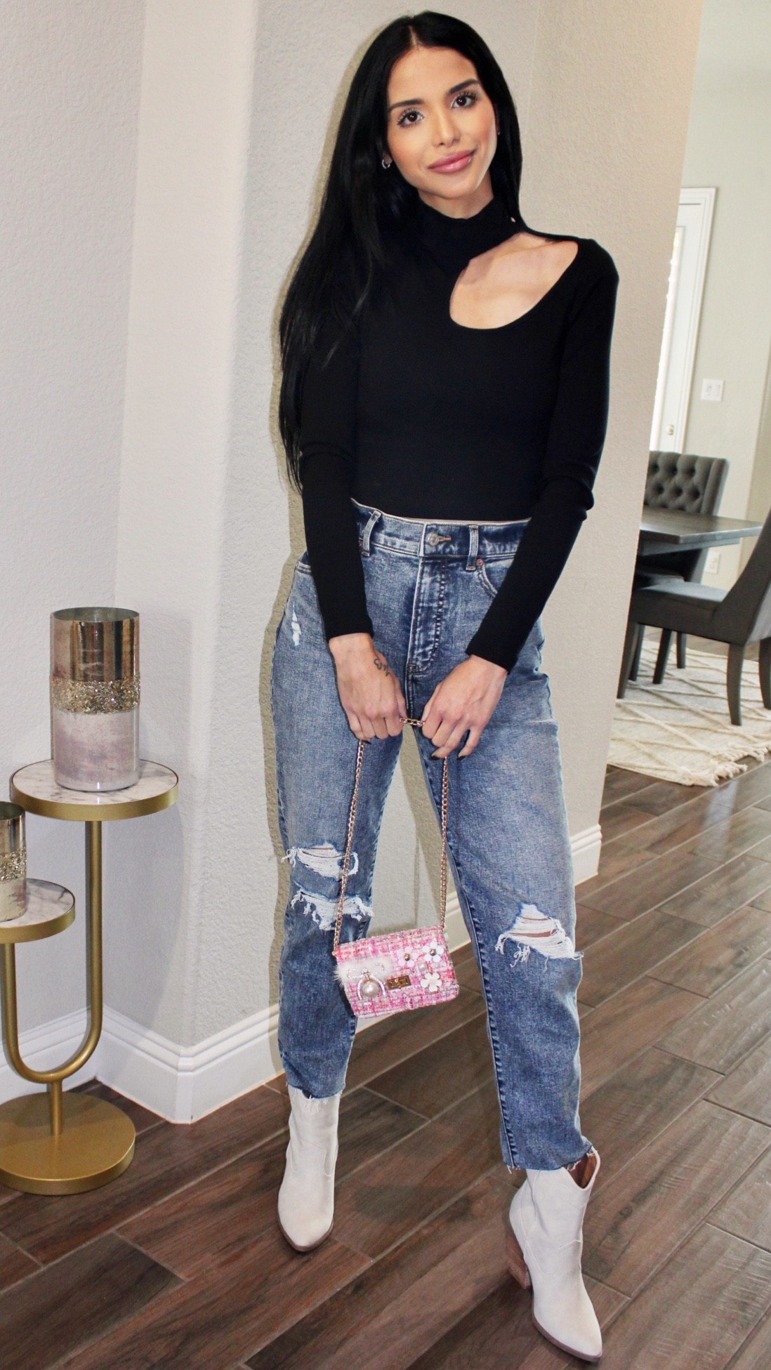 Black cut out sweater with jeans boots and a pop of color with my pink purse! Comfy beautiful trendy and easy to put together! 
Black top high wasted denim cowboy booties crossbody purse 

#LTKstyletip #LTKU #LTKSeasonal