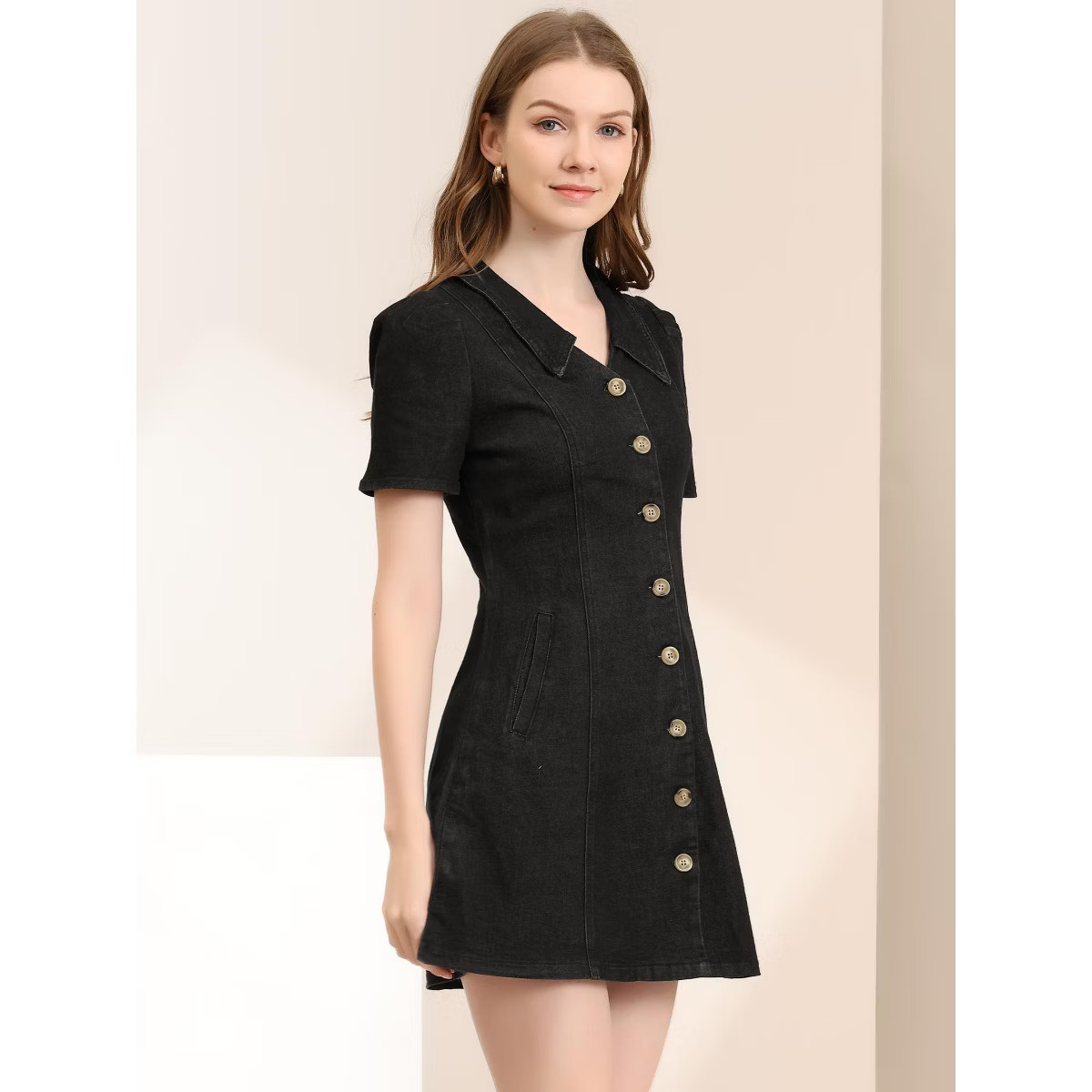 Allegra K Women's Button Up Collared Short Sleeve Washed Jean Demin Dress Black Small | Target