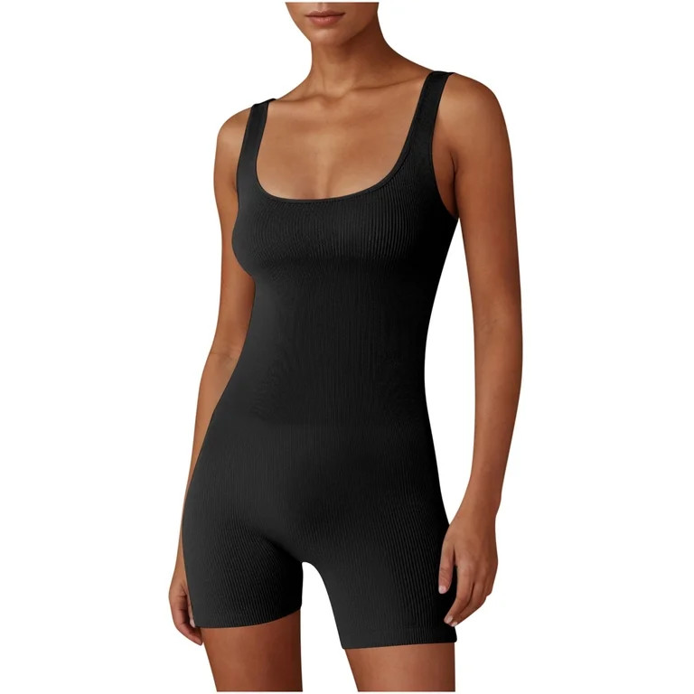 Dealovy Workout Jumpsuits for Women Ribbed Square Neck Bodysuits 1 Piece Seamless Tank Top Sleeve... | Walmart (US)