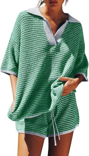 Tankaneo Womens Sweater Set 2 Piece Outfits Oversized 3/4 Sleeve V Neck Knit Tops High Waisted Sh... | Amazon (US)