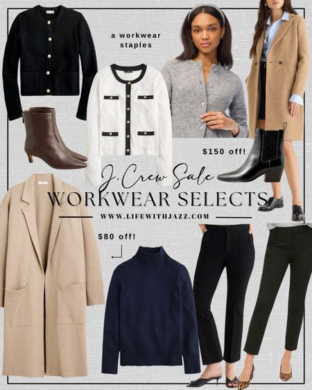 Rounding up some workwear selects from J.Crew that are on sale rn for up to 50%-60% off! 

• black sweater jacket - beautiful quality, I wear xs, a bestseller and currently on sale for under $120
• top right coat - under $200
• bottom left cardigan - $80 off 
• brown boots - $80 off 
• black boots - $150 off 

Workwear / sweater jackets / cardigan / coat / turtleneck / pants / boots / classy 

#LTKsalealert #LTKfindsunder100 #LTKworkwear