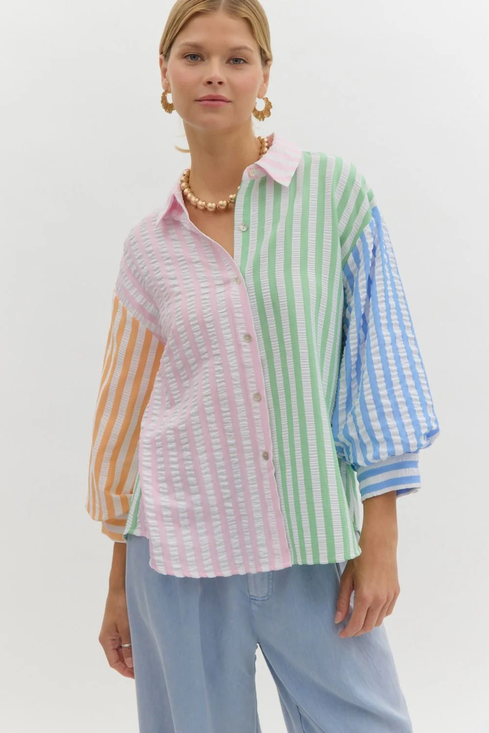 COLOR BLOCK STRIPED BUTTON DOWN - PINK COMBO M | Simply Carolina