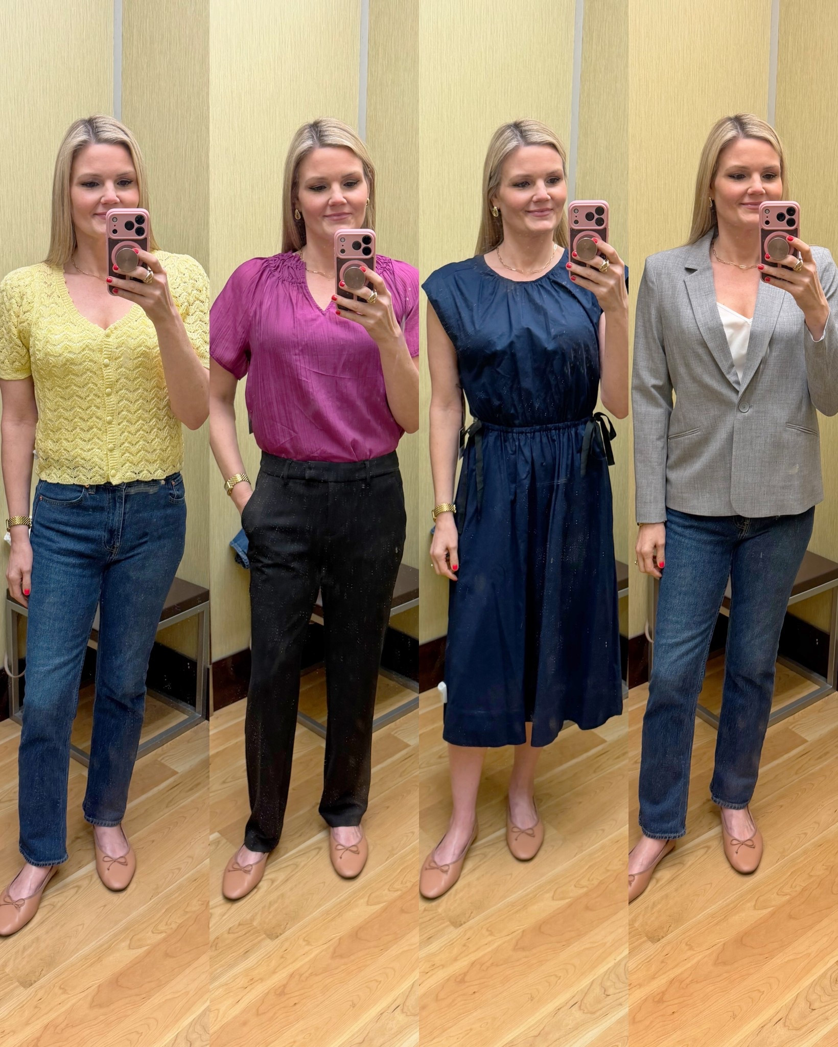 Kohl’s spring try-on! Pointelle yellow short sleeve cardigan- size small. Purple work blouse- size small. Black trousers- size 6, could size down. Navy midi dress with black bows- size small. Grey blazer- size small  

#LTKTall #LTKWorkwear #LTKSeasonal