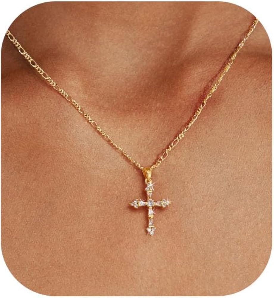 Cross Necklace for Women,Double Cross Necklace 14K Gold Plated Cross Pendant Necklace Dainty Gold... | Amazon (US)