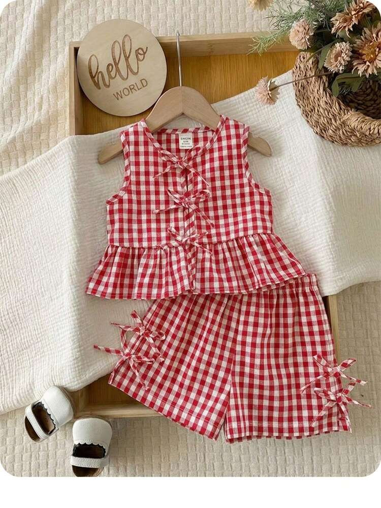 SHEIN LMoss Kids Baby Girl Summer Casual Red Plaid Bow Sleeveless Top And Elastic Waist Shorts Set | SHEIN