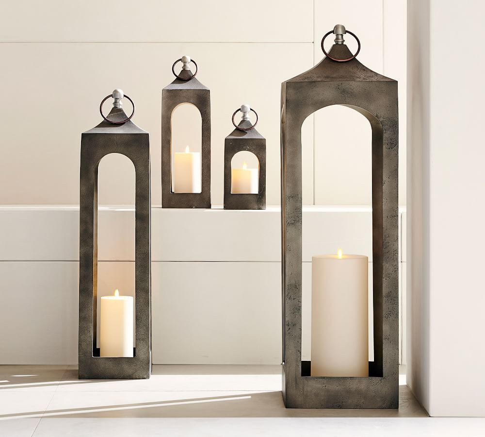 Caleb Handcrafted Metal Indoor/Outdoor Lantern, White Weathered, Mini - 15&amp;quot; | Pottery Barn (US)