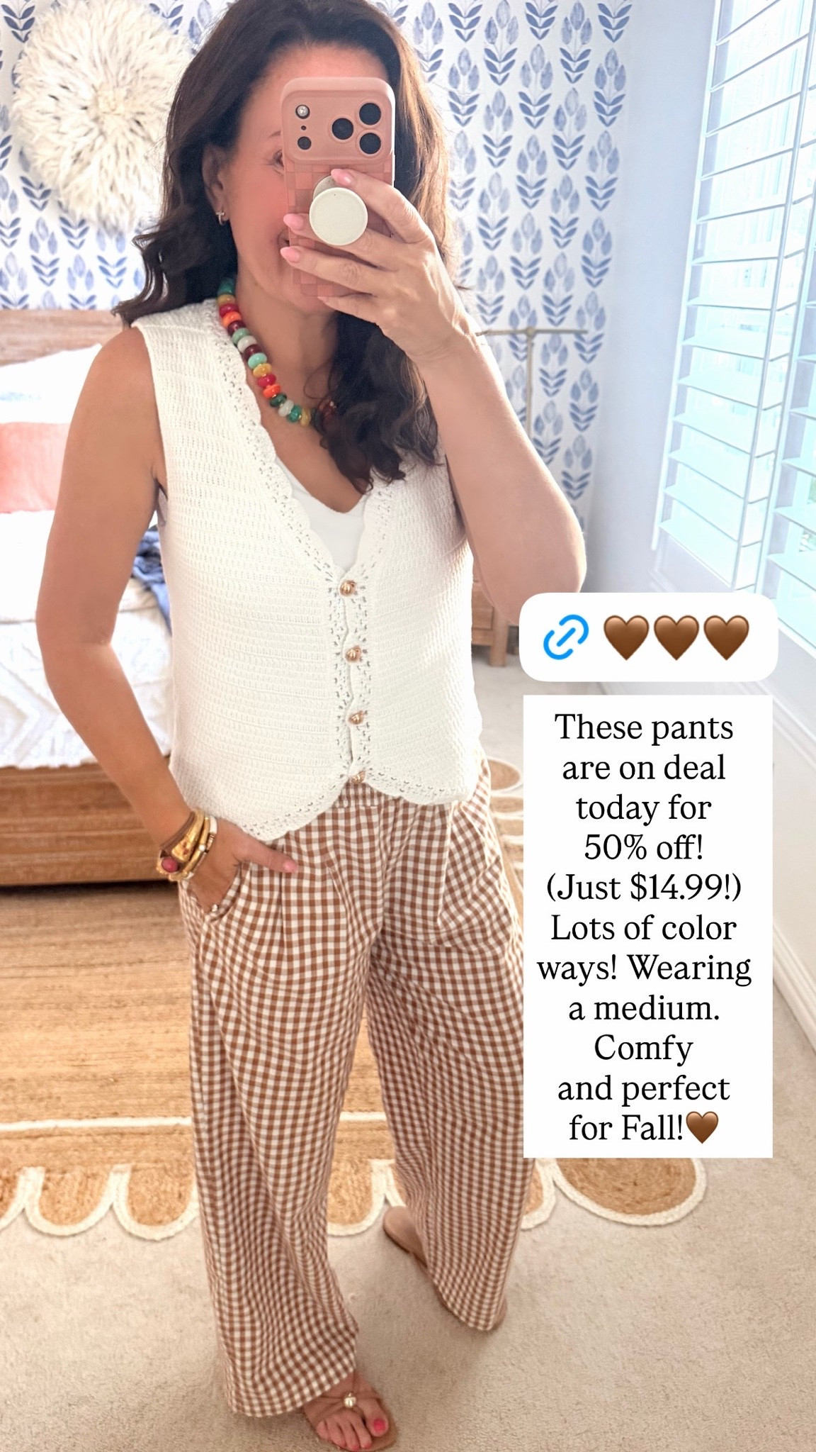 Wearing a medium in these gingham pants that are currently 50% off! Just $14.99. Several color options included. Wearing a small in this sweater vest