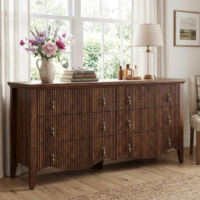 FUSUNBAO 6-Drawer Fluted Dresser, 52" Wide Double Chest of Drawers,Walnut | Amazon (US)