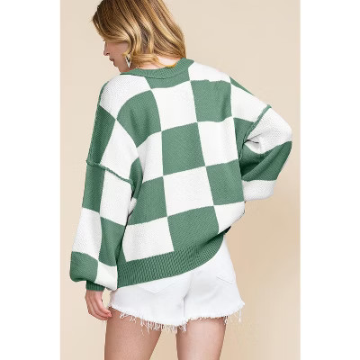 Women Checkered Bishop Sleeve Sweater | Target