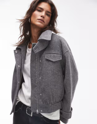Topshop wool bomber jacket with tab detail in grey | ASOS (Global)