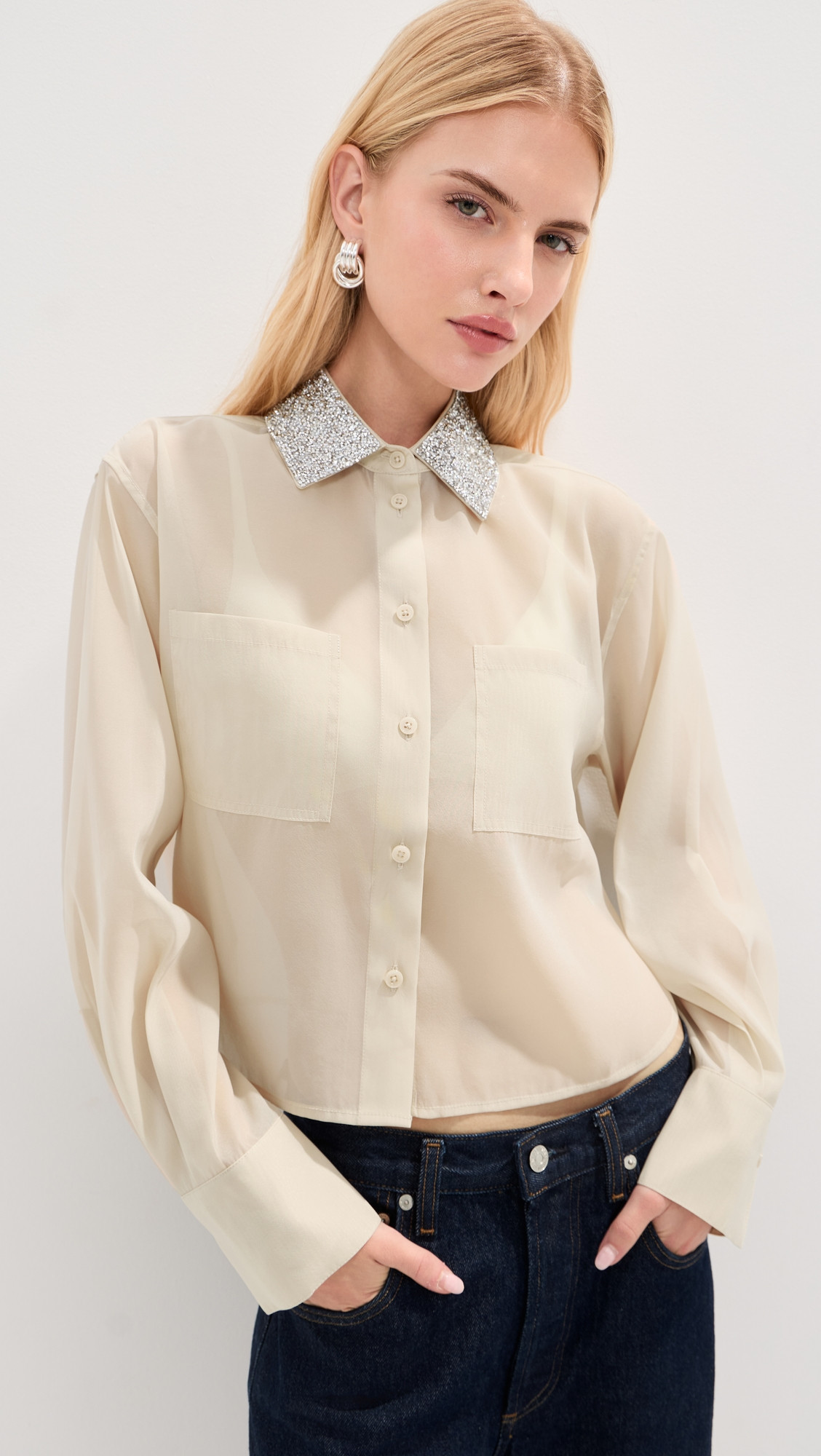 LE BOP Organza Cropped Buttondown with Embellished Collar Ivory XS | Shopbop