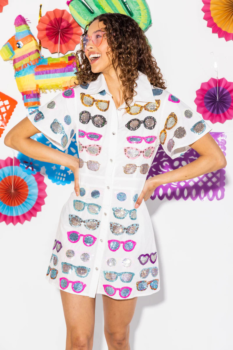 White Sunglass Collar Dress | Queen of Sparkles