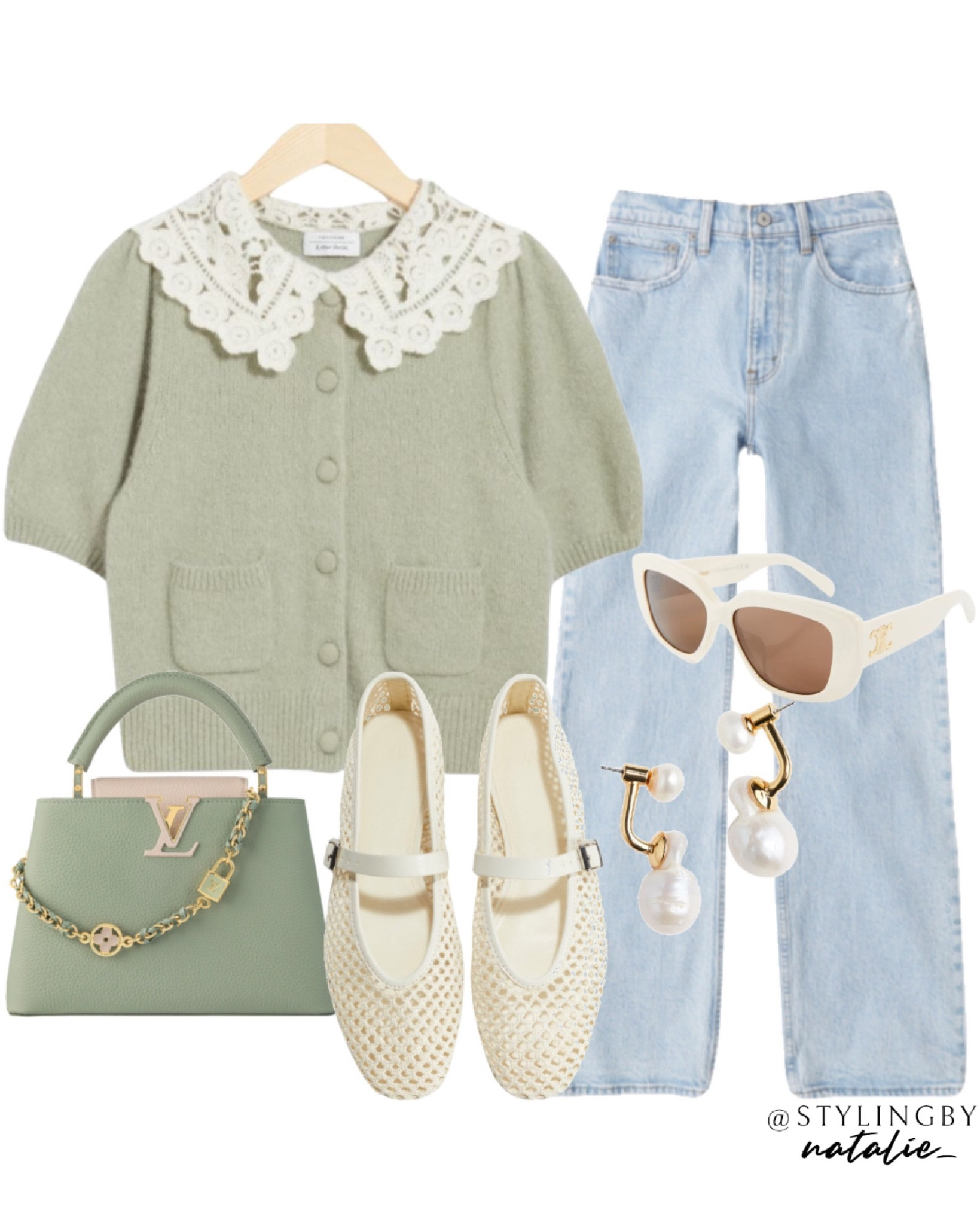 Green knit cardigan, crochet collar cardigan, high rise straight jeans, mesh ballet flats, celine sunglasses. 

#LTKstyletip #LTKeurope #LTKsummer