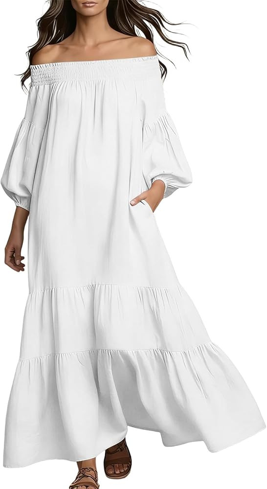 Lmdudan Womens Off Shoulder Maxi Dress Puff Sleeve Loose Fit Tiered Dresses Lightweight Summer Bo... | Amazon (US)