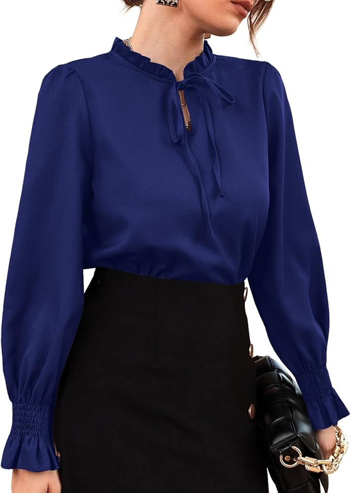 Rooscier Women's Frill Mock Neck Self Tie Shirred Ruffle Long Sleeve Elegant Blouse | Amazon (US)