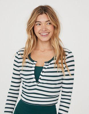 OFFLINE By Aerie Thumbs Up Waffle Henley Cropped T-Shirt | Aerie