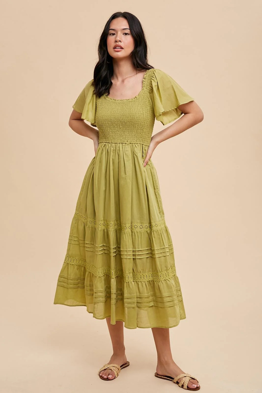 Green Smocked Short Sleeve Midi Dress | PinkBlush Maternity