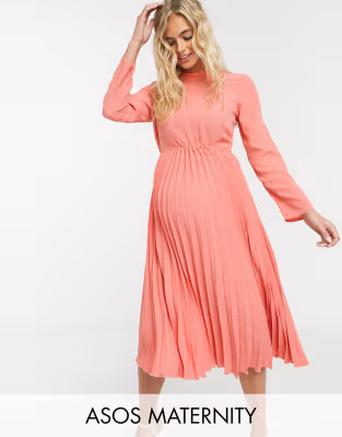 ASOS DESIGN Maternity pleated high neck midi dress in coral | ASOS (Global)
