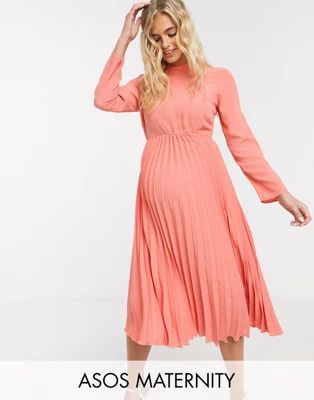 ASOS DESIGN Maternity pleated high neck midi dress in coral | ASOS (Global)