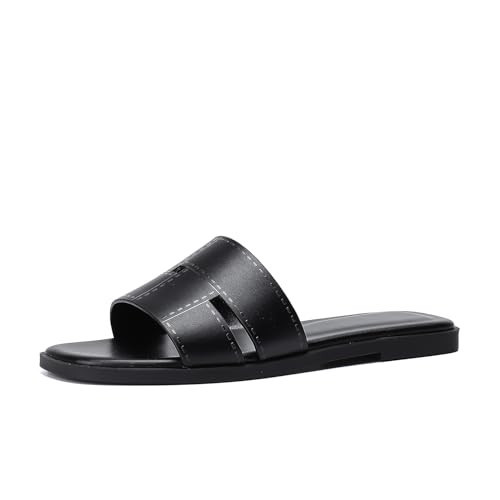 Stratuxx Kaze Women's Flat Sandals Fashion Slip on Open Toe Slides for Women Summer Dressy Black Size 11 | Amazon (US)