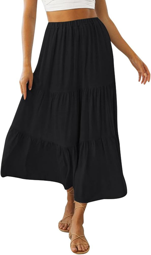 ZESICA Women's Summer Plaid Elastic High Waist Flowy A Line Maxi Skirt with Pockets | Amazon (US)