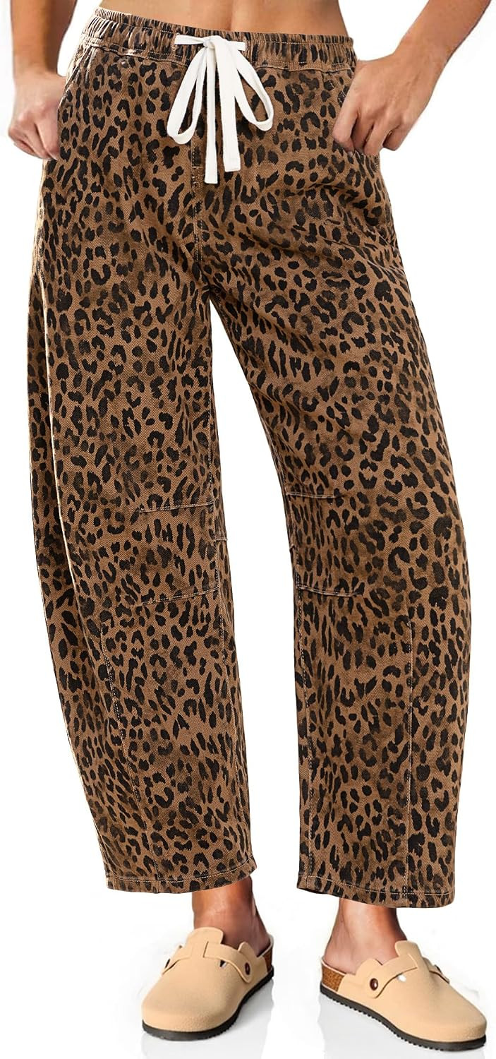 Vetinee Barrel Jeans Women Trendy Wide Leg Leopard Cheetah Pants High Waisted Pull On Drawstring Stretchy Denim Pants | Amazon (US)