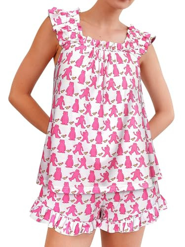 FEMLE Womens Ruffle Cami Pajama Set Cute Preppy Bear Sleeveless Pj Set Kawaii Cartoon Loungewear Pjs | Amazon (US)