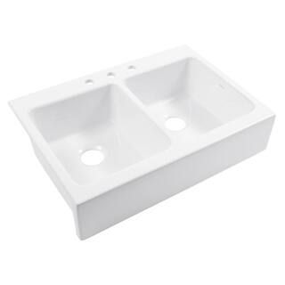 Josephine 34 in. 3-Hole Quick-Fit Drop-In Farmhouse Double Bowl Crisp White Fireclay Kitchen Sink | The Home Depot