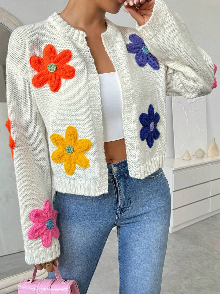 SHEIN Essnce Women's 3D Floral Long Sleeve Cardigan Sweater, Casual Daily Wear | SHEIN