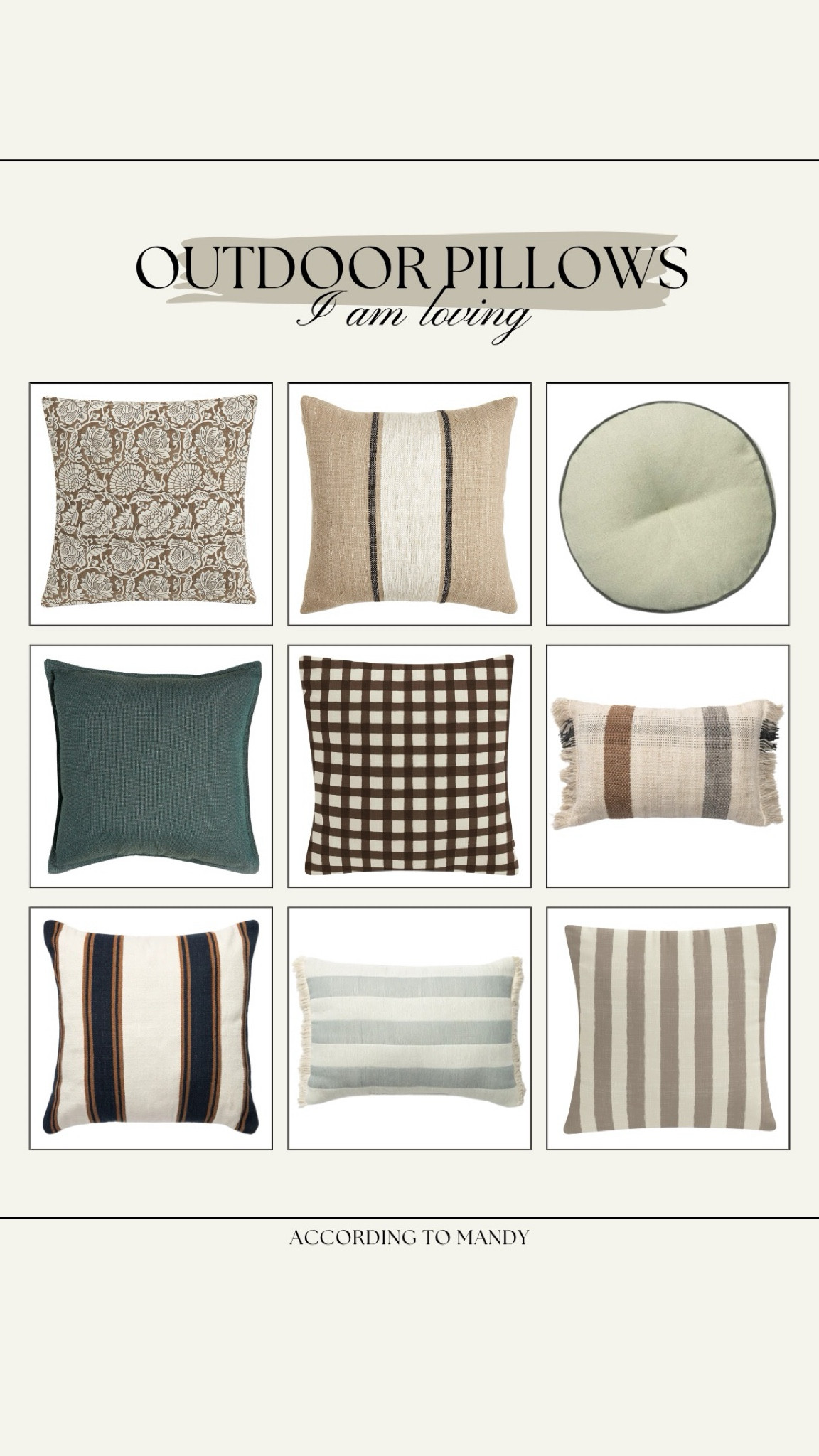 Outdoor Pillows I am loving!

outdoor living, patio furniture, patio pillows, outdoor pillows, spring home decor, summer home decor, neutral outdoor pillows, plaid outdoor pillow, striped outdoor pillow 

#LTKSeasonal #LTKhome
