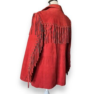 VNTG Fringe Suede Leather Jacket Sz M/L Red Lapel Collar Button Front Outerwear   | eBay | eBay US