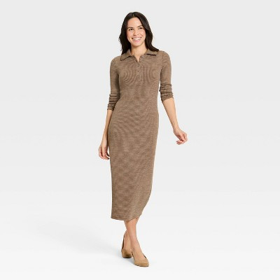 Women's Long Sleeve Polo Maxi Bodycon Dress - Universal Thread™ Brown S | Target