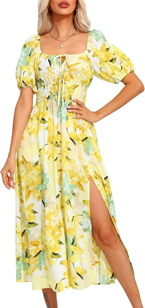 Meetrendi Women's 2024 Spring Summer Boho Floral Midi Dress Square Neck Puff Short Sleeve Casual ... | Amazon (US)