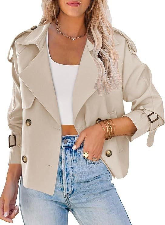 utcoco Women's Cropped Trench Coat Double-Breasted Short Trench Jacket Notch Long Sleeve Fall Out... | Amazon (CA)