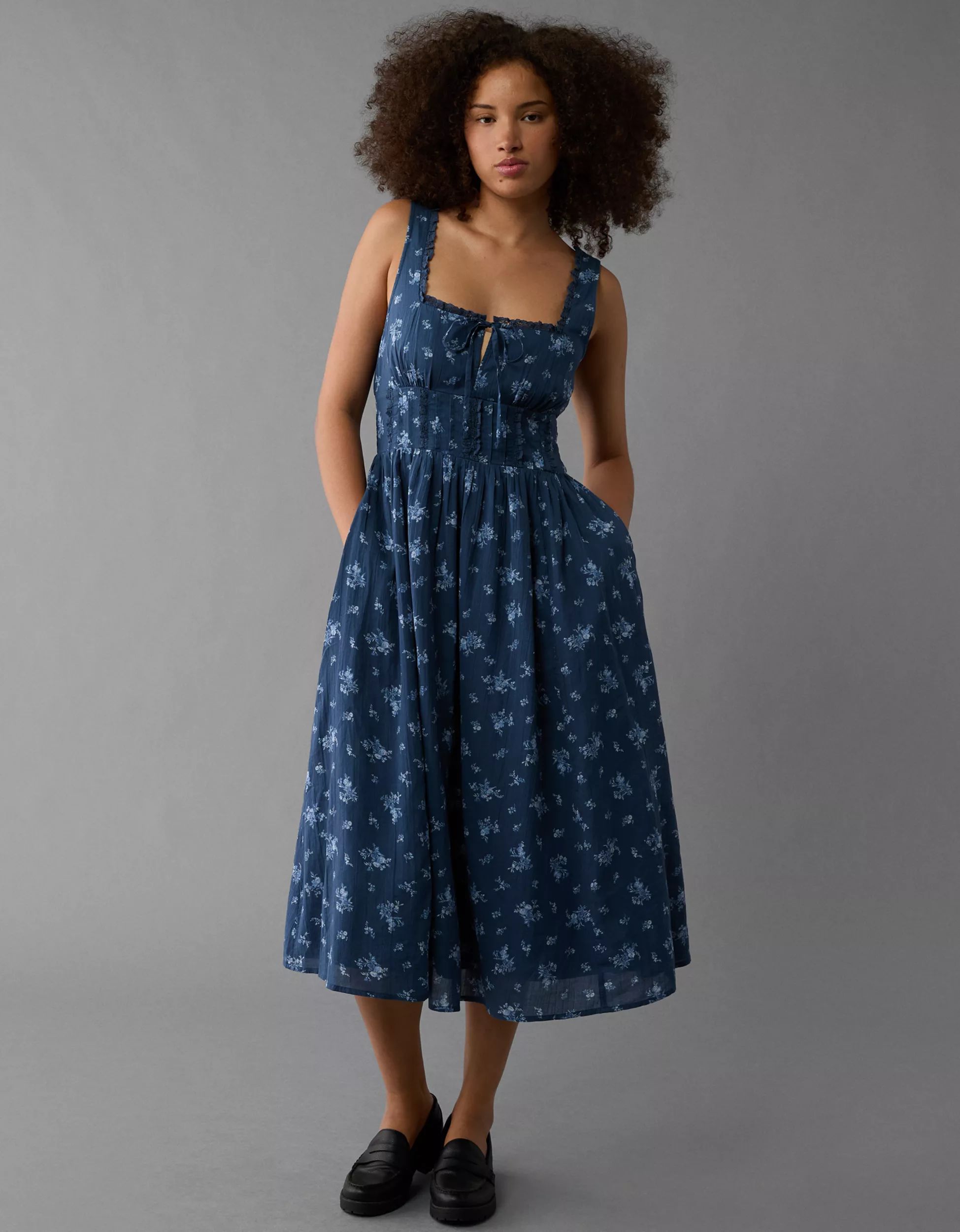 AE Corset Bodice Floral Midi Dress | American Eagle Outfitters (US & CA)