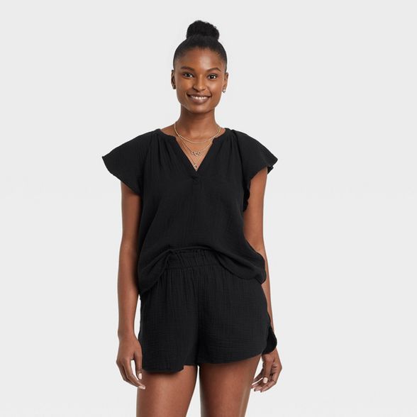 Women&#39;s Flutter Short Sleeve Blouse - Universal Thread&#8482; Black S | Target