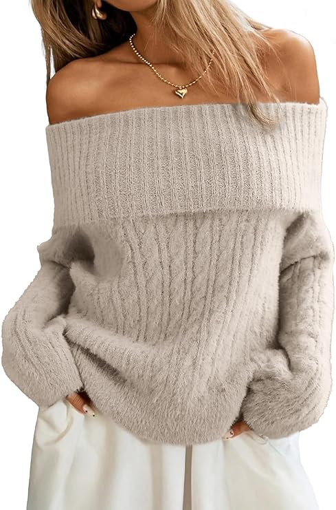ELLEVEN Women’s Off Shoulder Cable Knit Sweater, Soft Oversized Pullover for Casual Fall Winter... | Amazon (US)