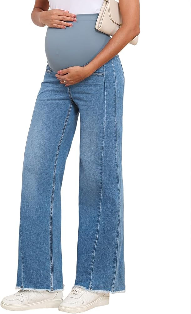 BLENCOT Maternity Jeans for Women Straight Leg Stretchy Denim Ripped Pregnancy Boyfriend Jean | Amazon (US)